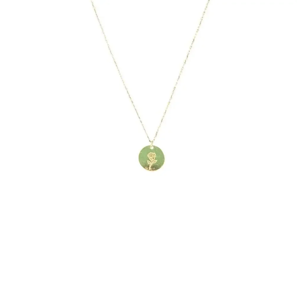 Gold Rose Coin Pendant Necklace Dainty Minimalist Floral Disc Charm 18 Inch